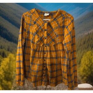 Y2K Cute St John’s Bay Women Size Medium Plaid 100% Cotton Baby Doll Flannel Top